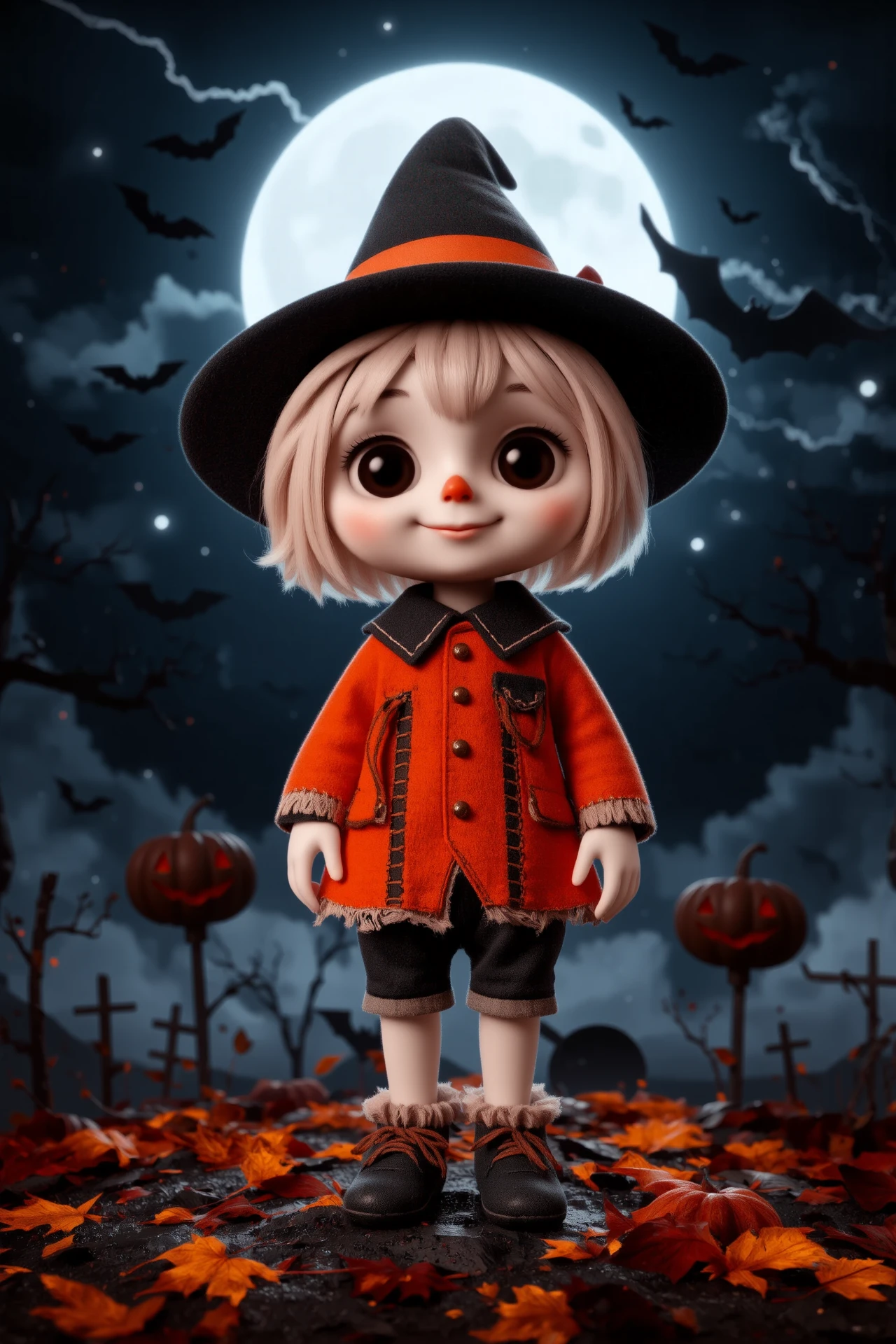 cute, halloween night, horror, (bats), moon in the sky, portrait, (standing:1.2),  happy smiling, red eyes,(very detailed), best quality,  sharp focus, Pastel Orange stitched-up scarecrow attire, haunted mirror, dark whimsical, misty night with full moon, lightning flashes, ethereal lights, backlight, shadows, high contrast, hdr, <lora:Anti-Blur:0.8> <lora:Hand v2:0.8> Detailed hand, Hand, Perfect hand <lora:aidmaImageUpgrader:0.8> aidmaimageupgrader  <lora:PinkieChibiHalloweenFLUX:0.8> pinkchibihalloween