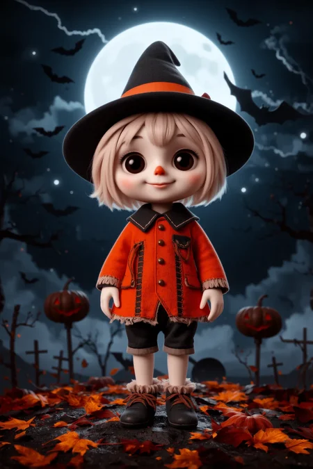 cute, halloween night, horror, (bats), moon in the sky, portrait, (standing:1.2),  happy smiling, red eyes,(very detailed), best quality,  sharp focus, Pastel Orange stitched-up scarecrow attire, haunted mirror, dark whimsical, misty night with full moon, lightning flashes, ethereal lights, backlight, shadows, high contrast, hdr, <lora:Anti-Blur:0.8> <lora:Hand v2:0.8> Detailed hand, Hand, Perfect hand <lora:aidmaImageUpgrader:0.8> aidmaimageupgrader  <lora:PinkieChibiHalloweenFLUX:0.8> pinkchibihalloween