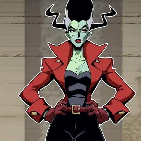Green skin, skin stitches, black frizzy hair, white highlights in hair, lipstick, female, red jacket, black top, black pants, red gloves, Hands on hips