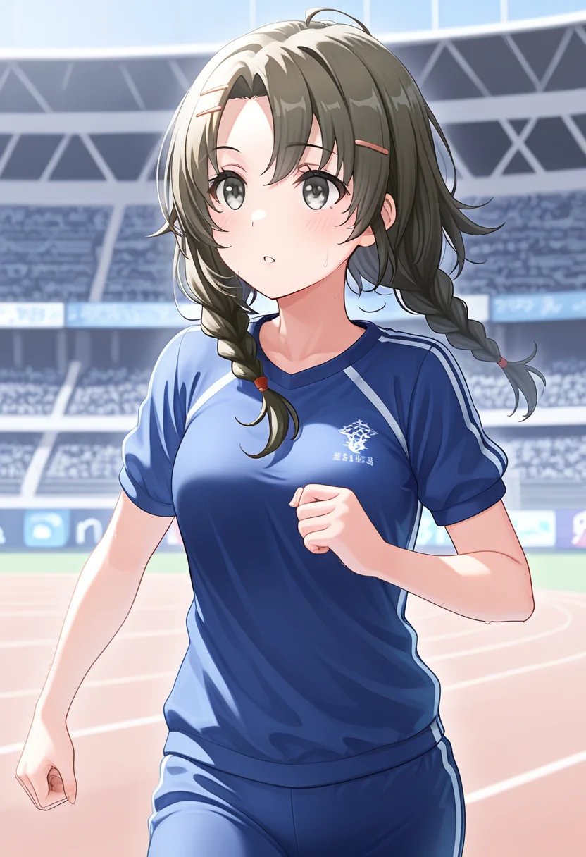 1girl, oregairumeguri, brown hair, long hair, twin braids, hairclip, black eyes, blue sportswear, jogging, cute, stadium, <lora:Meguri_ill_v1:1>, masterpiece, best quality, high quality, detailed, absurdres