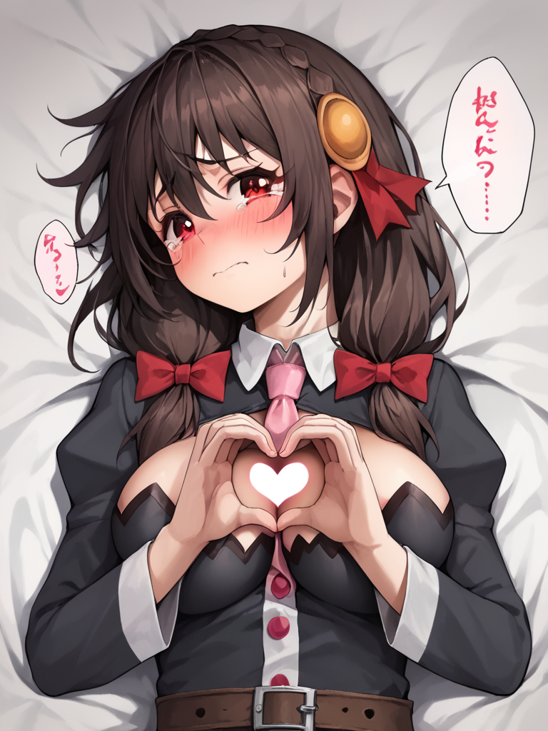 score_9,score_8_up,score_7_up, <lora:yunyun_(konosuba):1>,heart_hands, closed_mouth, red_bow, puffy_long_sleeves, looking_at_viewer, embarrassed, highres, on_back, speech_bubble, tsurime, upper_body, yunyun_\(konosuba\), hair_bow, commentary_request, 3:, sanpaku, 1girl, spoken_blush, tearing_up, necktie_between_breasts, bed_sheet, pink_necktie, solo, large_breasts