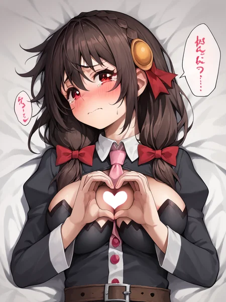score_9,score_8_up,score_7_up, <lora:yunyun_(konosuba):1>,heart_hands, closed_mouth, red_bow, puffy_long_sleeves, looking_at_viewer, embarrassed, highres, on_back, speech_bubble, tsurime, upper_body, yunyun_\(konosuba\), hair_bow, commentary_request, 3:, sanpaku, 1girl, spoken_blush, tearing_up, necktie_between_breasts, bed_sheet, pink_necktie, solo, large_breasts