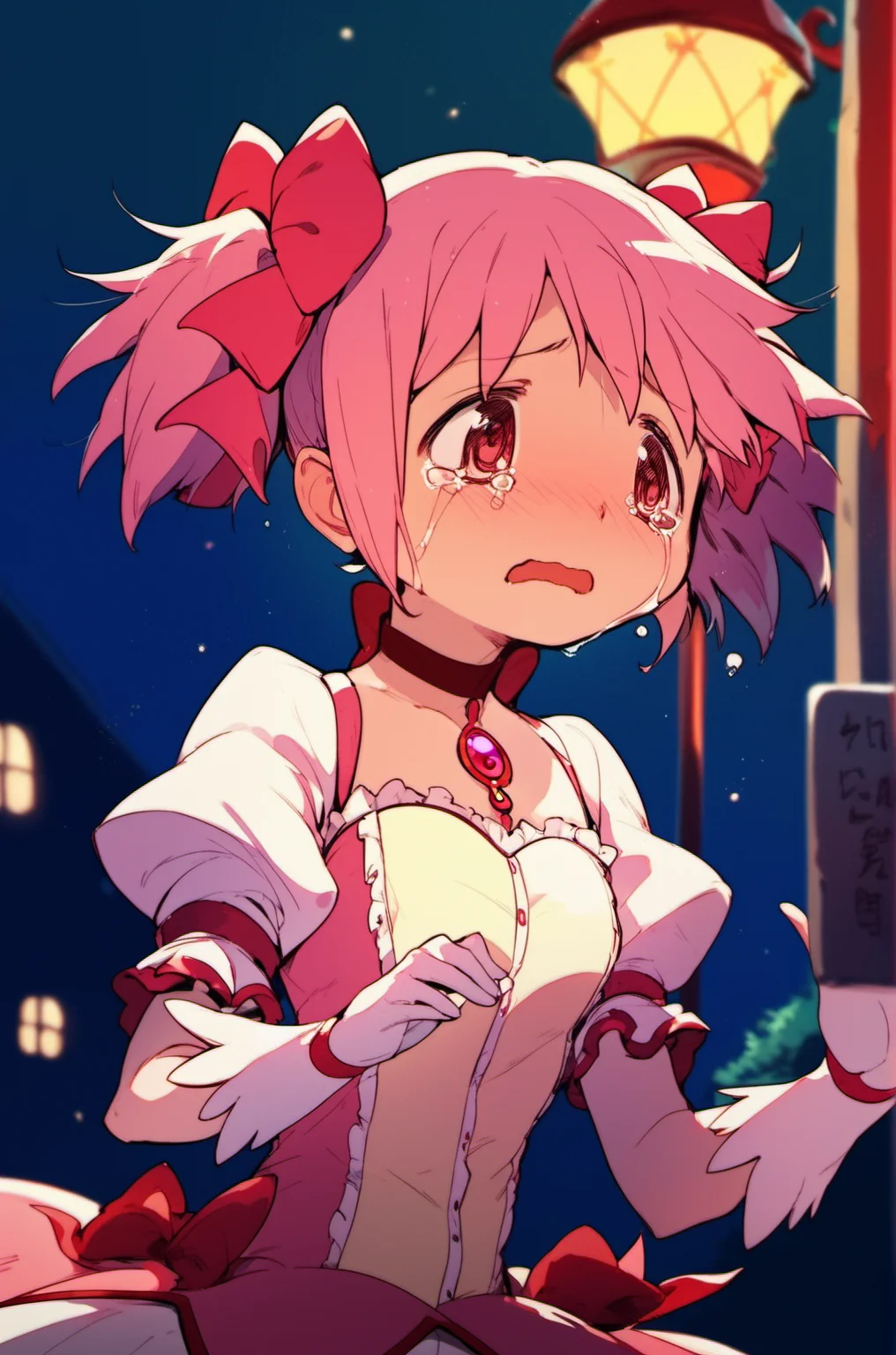 madoka \(Puella Magi Madoka Magica\),1girl,short twintails,magical girl,night,under the streetlight,crying and sobbing,<lora:madoka_pony_v2:0.8>,, score_9,score_8_up,score_7_up,score_6_up,score_5_up,score_4_up,