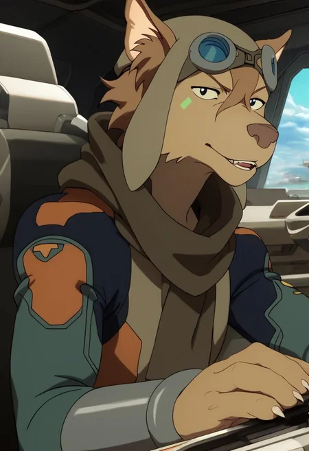 olia_voltron_gogglesON, 1girl, female furry, anthro, canide, golden fur, brown animal ears, brown hair, black eyes, small yellow tattoos on each cheeks, claws, long tail, pilot helmet and goggles, brown scarf, green and orange suit, pocket belt, score_9_up, score_8_up, score_7_up, looking at viewer, smiling, smug, waving at viewer, female focus, ultra detailed, detailed background, spaceship cockpit background, masterpiece, best quality, 8k, Expressiveh, realistic, 3d,