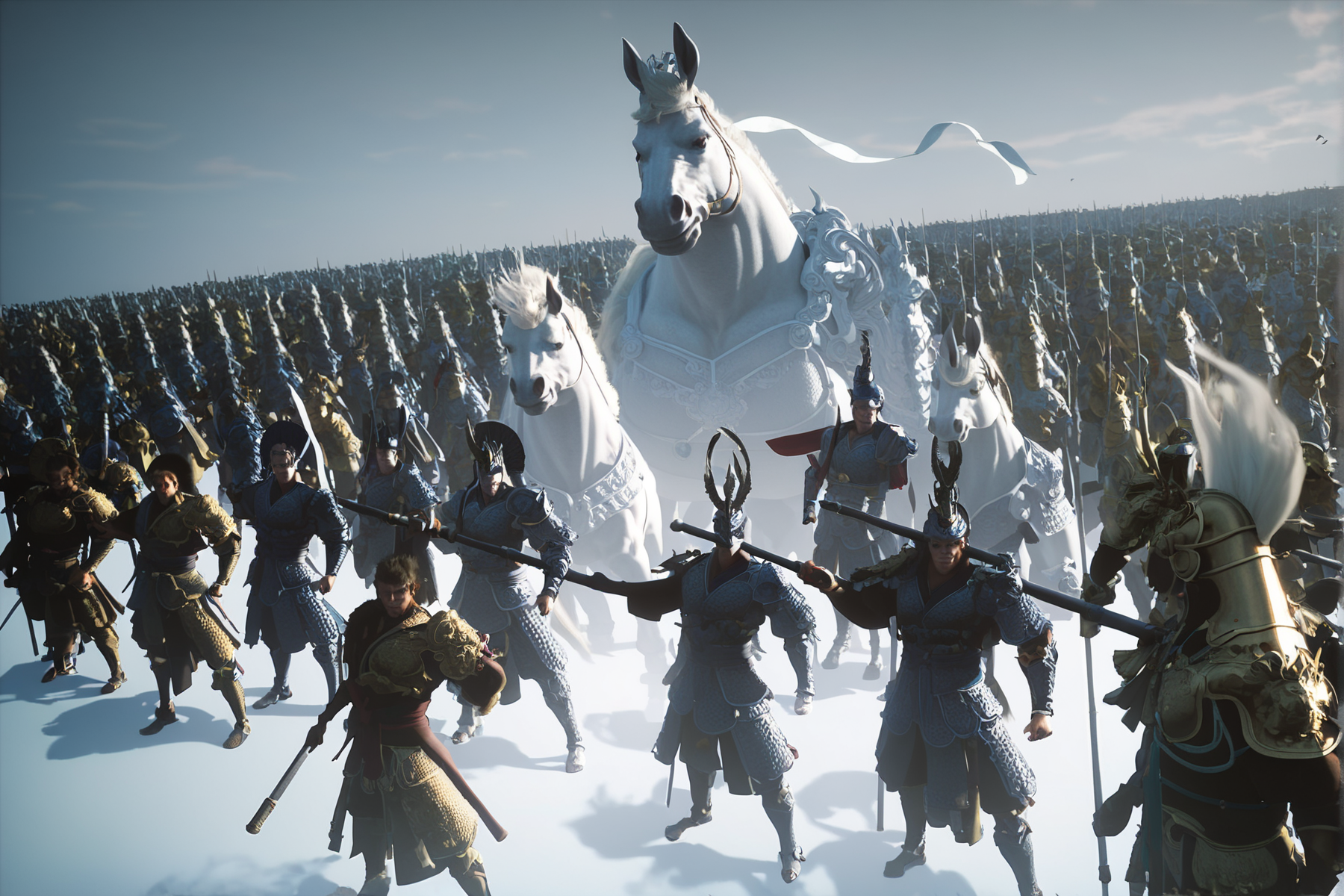 score_9, score_8_up, score_7_up, score_anime, 8k, best quality, masterpiece, (ultra-detailed), 
<lora:heishenhua-pony-Tanger:0.7>, heishenhua artist style, game style, cg,dramatic chiaroscuro, wide-angle lens, high contrast, intense brush strokes, Renaissance battle painting, motion blur, dynamic composition, vivid realism, hd quality, natural look, 
<lora:AdvancedEnhancerXLv2:0.5>, movie still, film still, cinematic, cinematic shot, cinematic lighting, 35mm film, <lora:xl_more_art-full-beta2:0.5>, <lora:add-detail-xl:0.5>,  armor, japanese armor, weapon, horse, 6+boys, army, horseback riding, polearm, helmet, shoulder armor, multiple boys, kusazuri, sword, white hair, male focus, wings, samurai,