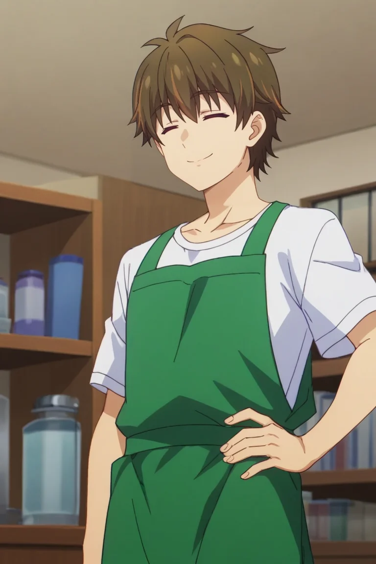 score_9, score_8_up, score_7_up,source_anime,BREAK, rating_safe, intricate details , , , anime screencap, anime coloring, official style, depth of field,1boy, solo, male focus , , ,  <lora:wataru:0.82>, wataru sajo,dark brown hair,short hair,smile,shirt, closed mouth, collarbone, white shirt, closed eyes, short sleeves, indoors, apron, hand on own hip, t-shirt, facing viewer, bookshelf, green apron,from below , , ,<lora:sdxl_lightning_8step_lora_315544:1>