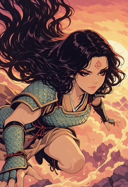 in the style of cksc, vibrant anime image, asian warrior woman, long flowing hair, dark eyeshadow, dragon-scale armour, dynamic, detailed face