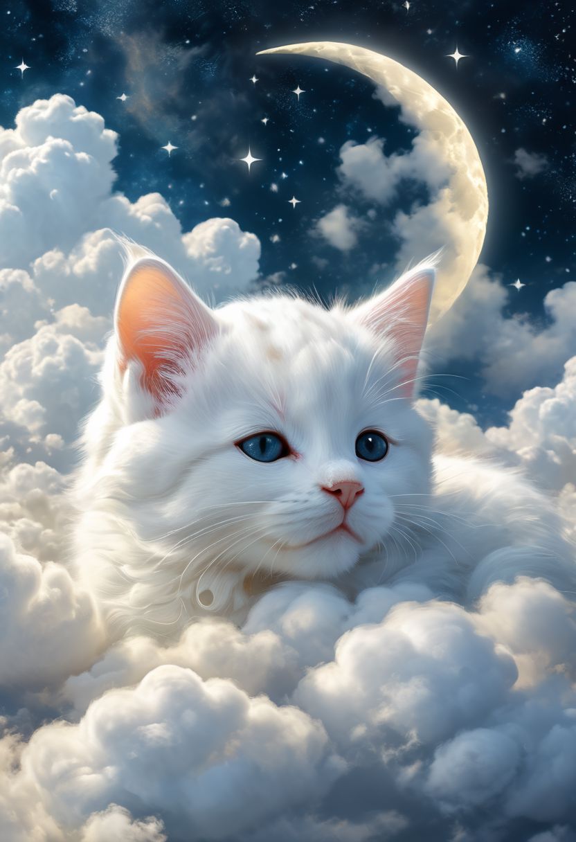 A white kitten is sleeping on the clouds. There's a moon in the night sky and no stars Removed From Image ugly, deformed, noisy, blurry, distorted, out of focus, bad anatomy, extra limbs, poorly drawn face, poorly drawn hands, missing fingers<lora:xl_more_art-full_v1:0.3> <lora:MJ52:0.4>