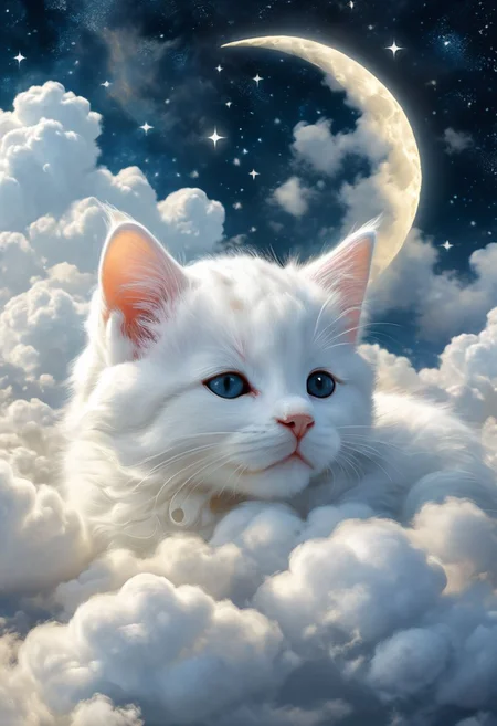 A white kitten is sleeping on the clouds. There's a moon in the night sky and no stars Removed From Image ugly, deformed, noisy, blurry, distorted, out of focus, bad anatomy, extra limbs, poorly drawn face, poorly drawn hands, missing fingers<lora:xl_more_art-full_v1:0.3> <lora:MJ52:0.4>