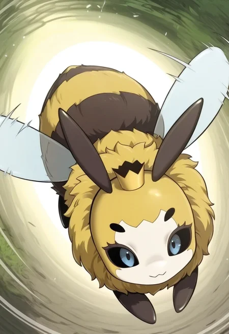 solo,
BREAK
<lora:Bee_Queen_illustrious:0.8>, monster bee, pokemon (creature), bug, blue eyes, mini crown, looking at viewer,flying,motion lines,