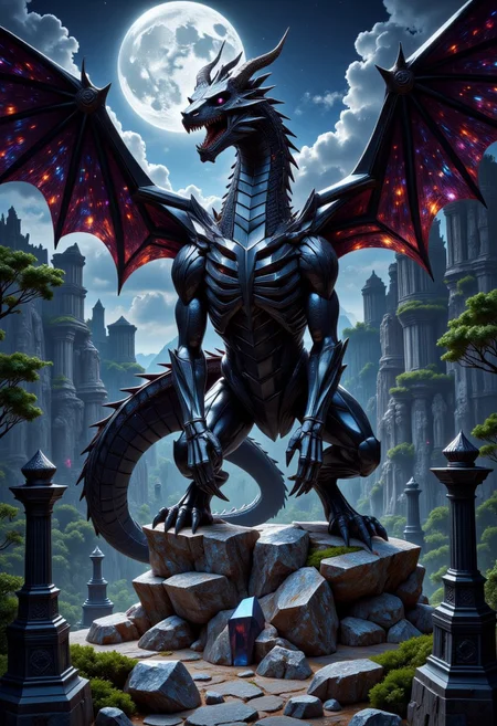 FluxEpicDragon, a crystaline dragon skeleton made of cut black onyx and obsidian with subsurface scattering and subtle light transmission, with a small head, monstrous and colossal towering over the landscape, stoically guarding an ancient cemetery of monumental gravestones and mausoleums in the dead of night at midnight, jagged and empty skeletal ribcage and spine and skull, skeletal wings spread