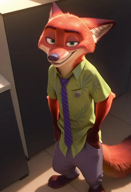 masterpiece, best quality, amazing quality, very aesthetic, absurdres, newest,  high quality, detailed, male, solo male, NickWilde, 1boy, mature male, male, athletic build, anthro, fox, orange fur, animal ears, green eyes, green hawaiian shirt, purple tie, tan khakis, standing, indoors, looking at viewer, grinning, office, hands in pants pockets, volumetric lighting