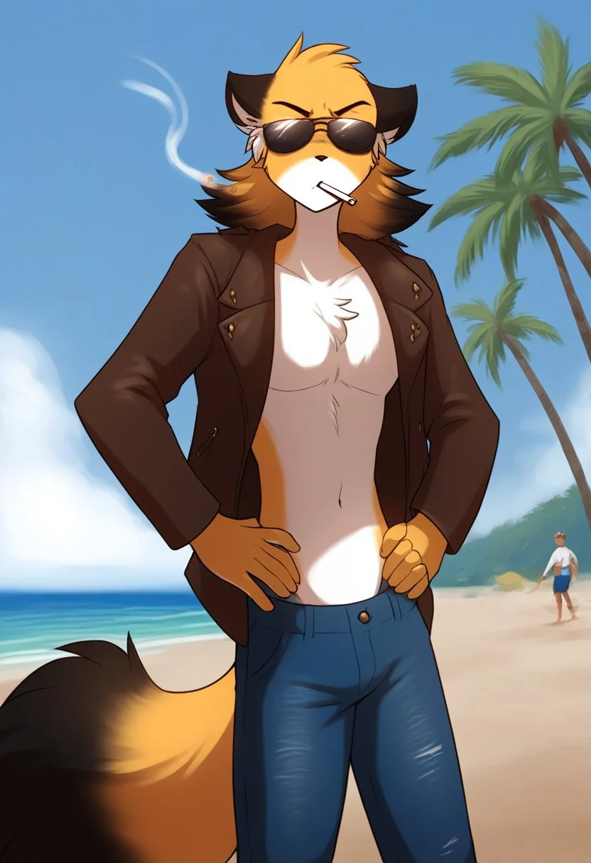 score_9, score_8_up, score_7_up, score_6_up,source_furry, rating_explicit, solo, solo focus, male, 1boy, standing, brown leather jacket, white shirt, black sunglasses, american jeans, serious expression, thin waist, flat stomach, serious pose, looking at viewer, hands on waist, fluffy tail, beach, resort, palm tree, mike-twokinds, smokes a cigarette, A cigarette in mouth, detailed, perfect fingers, five fingers