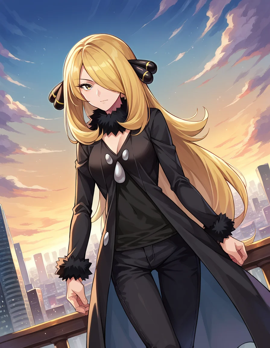 score_9, score_8_up, score_7_up, source_anime,
pokemoncynthia, <lora:pokemon-cynthia-ponyxl-lora-nochekaiser:1>
pokemoncynthia, blonde hair, hair ornament, hair over one eye, long hair, yellow eyes,
black coat, black pants, black shirt, coat, fur collar, fur trim, fur-trimmed sleeves, pants, shirt,
outdoors, cityscape,
looking at viewer, cowboy shot, dutch angle,