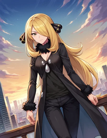 score_9, score_8_up, score_7_up, source_anime,
pokemoncynthia, <lora:pokemon-cynthia-ponyxl-lora-nochekaiser:1>
pokemoncynthia, blonde hair, hair ornament, hair over one eye, long hair, yellow eyes,
black coat, black pants, black shirt, coat, fur collar, fur trim, fur-trimmed sleeves, pants, shirt,
outdoors, cityscape,
looking at viewer, cowboy shot, dutch angle,