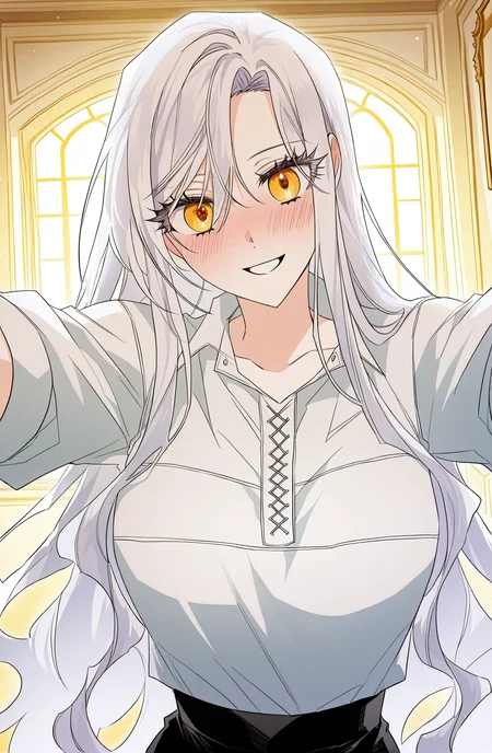 <lora:Sigrid__Sigrid__Illustrious v2:1>
Sigrid, 1girl, solo, long white hair, golden eyes, white blouse, black pants, casual outfit, beautiful, relaxed pose, slim athletic body, flowing hair, sigrid_white_casual_outfit
score_9, score_8_up, score_7_up, score_6_up, source_anime, rating_explicit, 1girl, solo, smile, embarrassed, alcalose eyes, open mouth, mansion, indoors, looking at viewer, outstretched arms, pov, close-up, (head tilt:1.2)