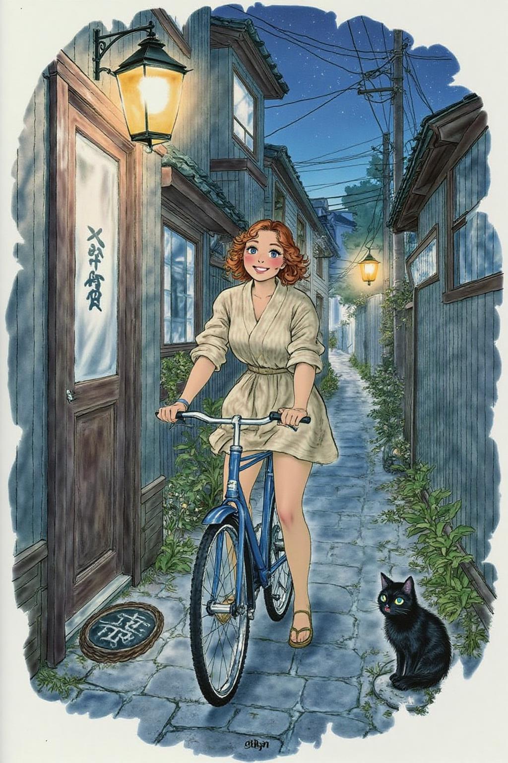 d0sn Illustration. A Japanese school girl riding a old style bicycle through a narrow, quiet street at night. The happy woman wears a simple, flowing dress. In the corner, a small black cat with piercing eyes sits watching her quietly. The mood is tranquil and slightly magical. Soft lighting, deep blue tones, detailed shading, ethereal, cinematic composition  <lora:d0sn_illus1_fl_d6a3:1.0><lora:803604581981423920:0>