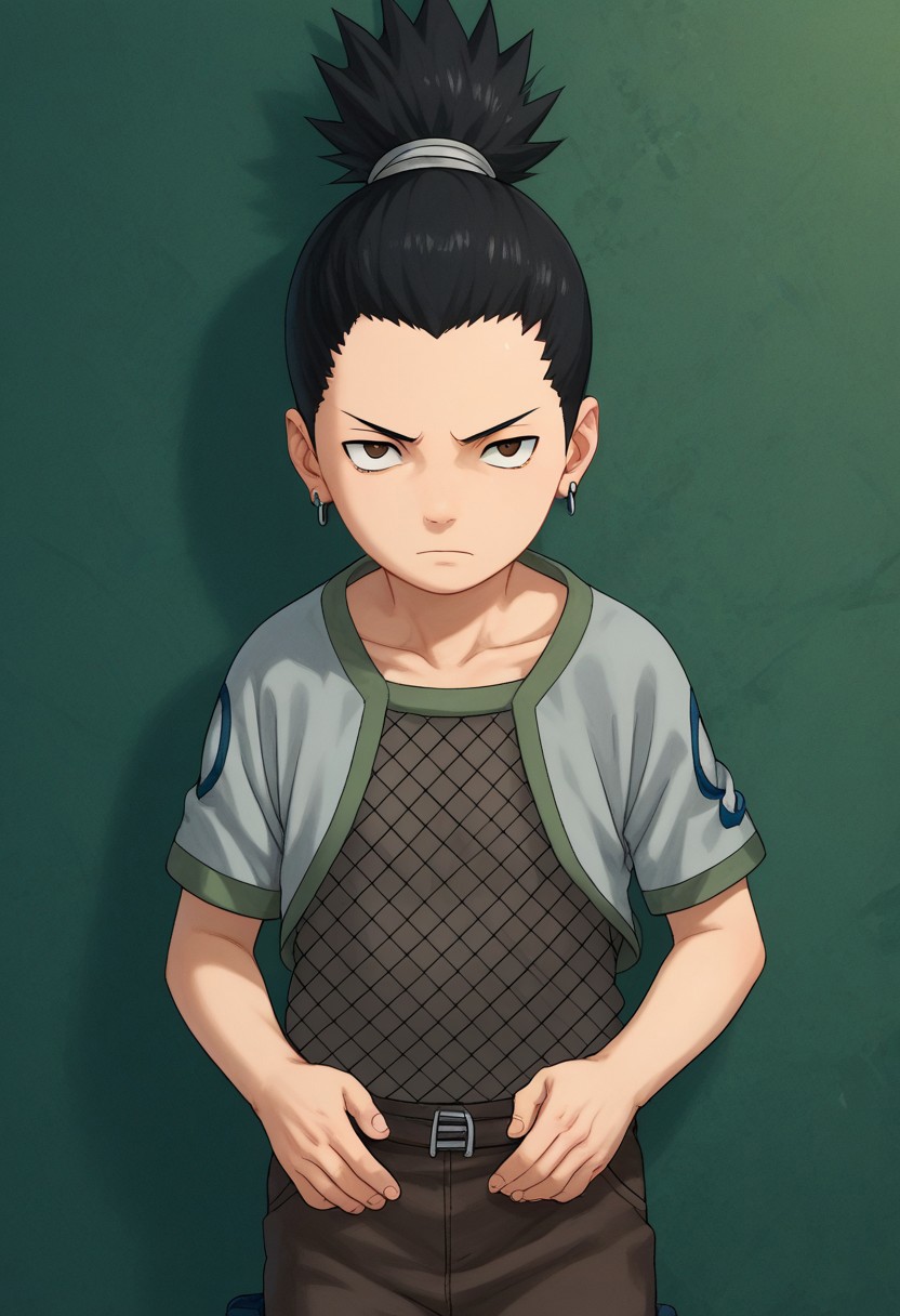 score_9, score_8_up, score_7_up, highly detailed, cute boy, 1boy, solo, young, Shikamaru_Nara, Brown Eyes, Black Hair, Ponytail, Earrings, fishnet shirt, Brown Pants,