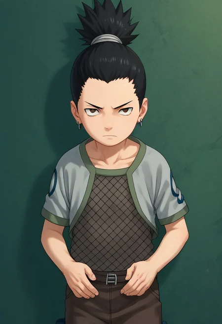 score_9, score_8_up, score_7_up, highly detailed, cute boy, 1boy, solo, young, Shikamaru_Nara, Brown Eyes, Black Hair, Ponytail, Earrings, fishnet shirt, Brown Pants,