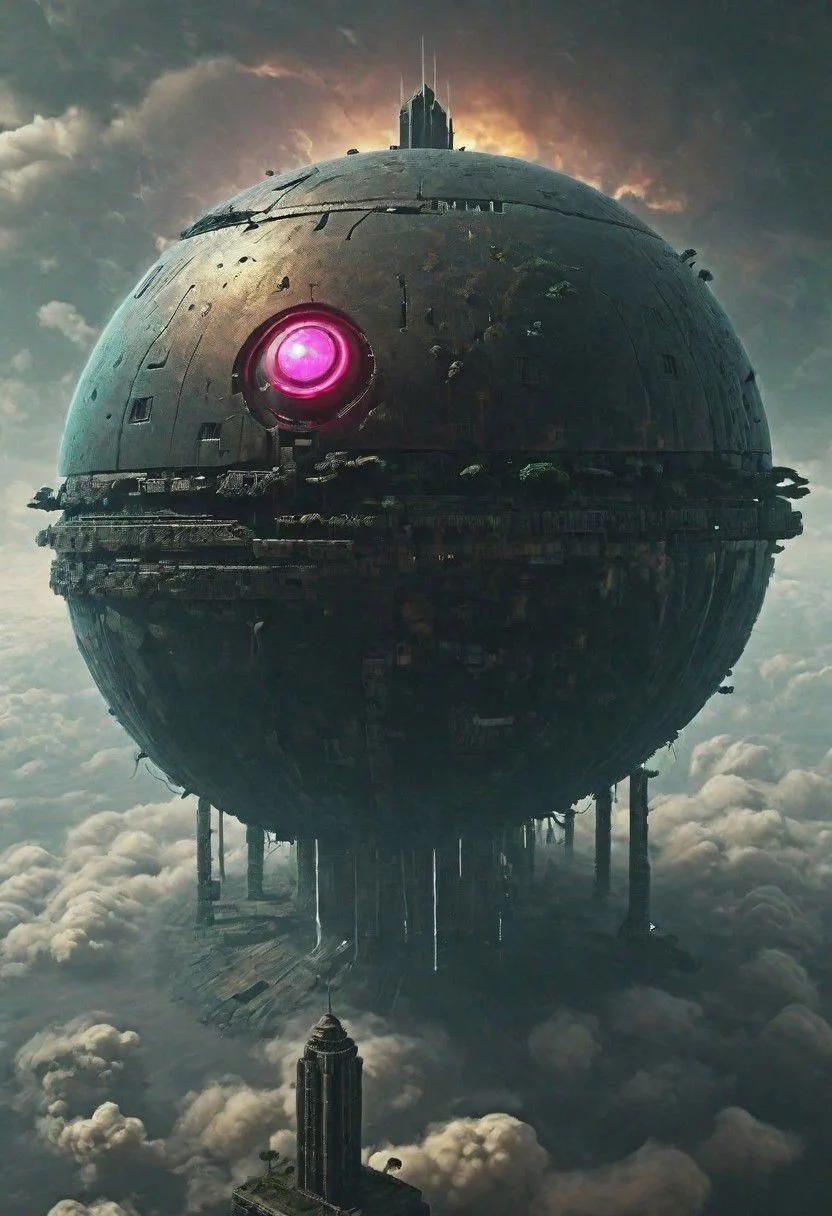ascii_art, a small floating Planet in colorful deep DARK electric space, dystopian black Cyborg Robot, old outworn and weathered, a giant Tower Standing in it, Piercing the DARK lightning Clouds,
,very detailed,