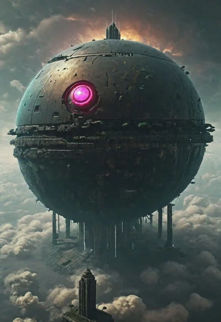 ascii_art, a small floating Planet in colorful deep DARK electric space, dystopian black Cyborg Robot, old outworn and weathered, a giant Tower Standing in it, Piercing the DARK lightning Clouds, 
,very detailed,
