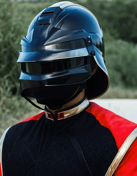 UHD, 8K, ultra detailed, highly realistic photo of UHD, 8K, ultra detailed, highly realistic photo of man wearing a black helmet with red uniform and black vest ,OverallDetailXL <lora:VTVSeries_SDXL_v1:1>