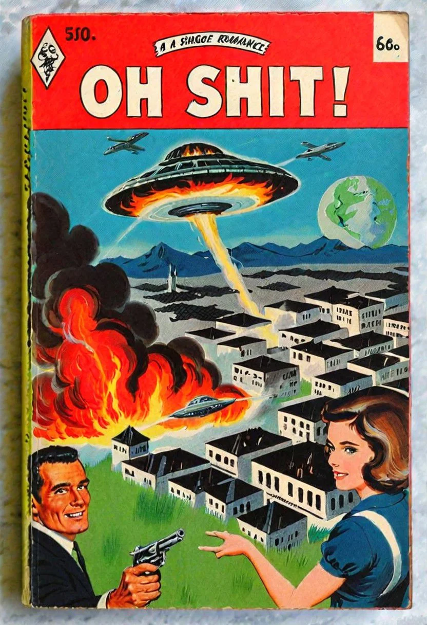 book cover of a vintage romance novel called "Oh Shit!" depicting ufo attacking a city, burning buildings