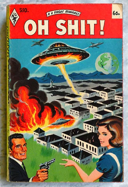 book cover of a vintage romance novel called "Oh Shit!" depicting ufo attacking a city, burning buildings