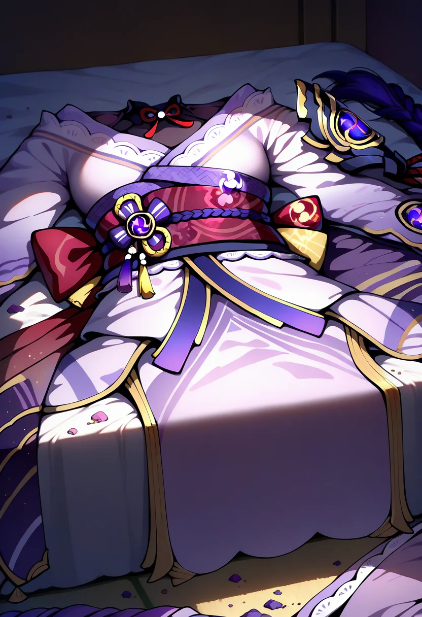 masterpiece, best quality, newest, absurdres, highres, no humans, clothes focus, unworn clothes, scenery, unworn dress, <lora:UnwornClothes_illusXLNoobAI_Incrs_v1:1>, raiden shogun, kimono, bed, messy room, messy,