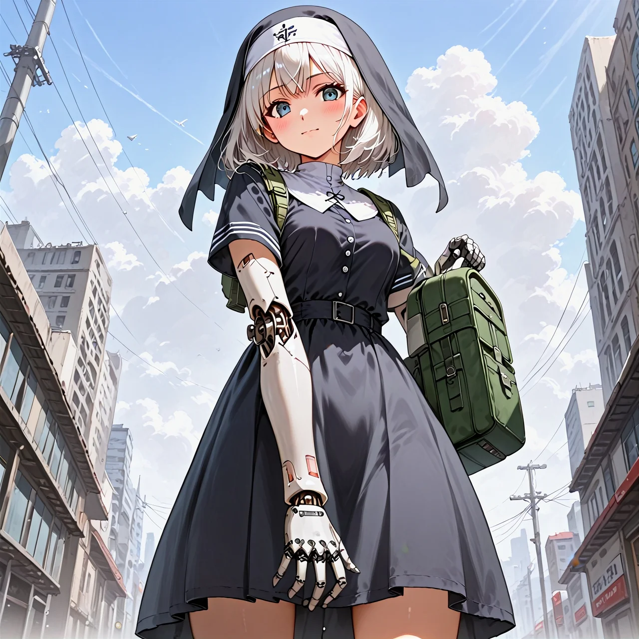 score_9, score_8_up, score_7_up, source_anime, very aesthetic, best quality, absurdres, (rating_safe)
break
1girl, solo, white hair, medium hair, Unit emblem, short sleeves, Cyborg Combat Girl, Mecha mask, headgear, Backpack
nun motif combat uniform
smirk, blush
street, Ravaged City, Battlefield, cloudy, tokyo, harajuku
<lora:cybe_arm:0.7> cybe_arm, cybernetic mechanical arm, Full mechanical prosthetic arm, face
hand fan
break
from below
<lora:detail_bg:0.6>, <lora:sdxl_lightning_8step_lora:1>
