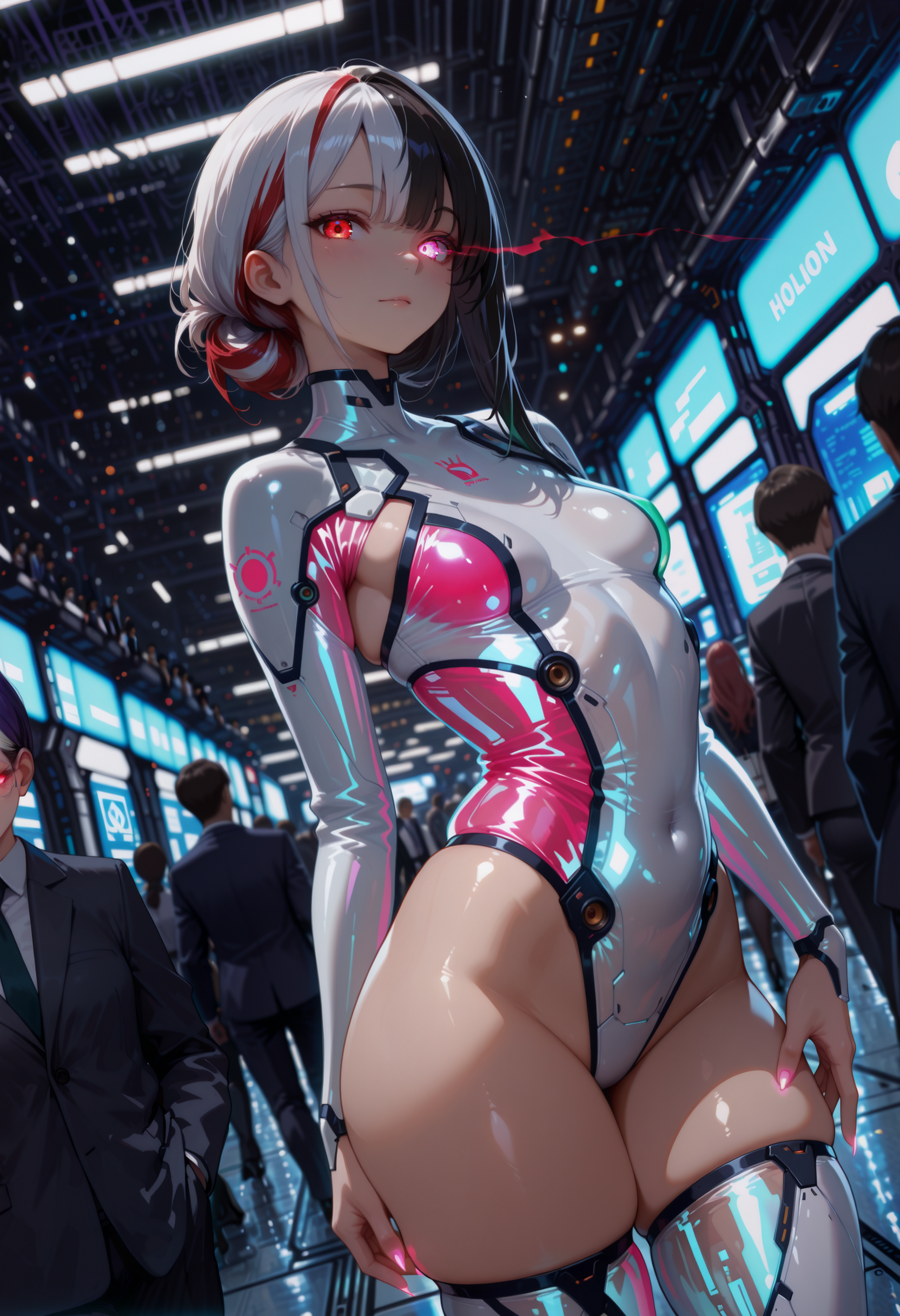 masterpiece, best quality, woman, mature, small breasts, curvy figure, skindentation, business, split color hair, science fiction, looking at viewer, glowing eye, people, glowing fingernails, holographic clothing, depth of field,  detailed, detailed background, detailed foreground, detailed clothing, detailed hair, detailed eyes, detailed skin, skin folds, volumetric lighting, dramatic lighting, dutch angle, dynamic, cinematic, photo background, dark, stylized,