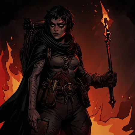 masterpiece, best quality, newest, absurdres, highres,
TTCSV1.0, cherry-gig,
1girl, DDRAW-V1.0, cape, black hair, short hair, small breasts, backpack, rags, weapon, holding weapon, fire,