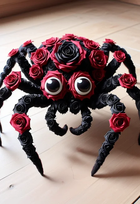 BL4CKR3DR0S3S, a cute spider is made entirely from black and red roses, detailed face, (big eyes:0.9), detailed eyes, (smile:1.1), long eye lashes, located in an attic, house