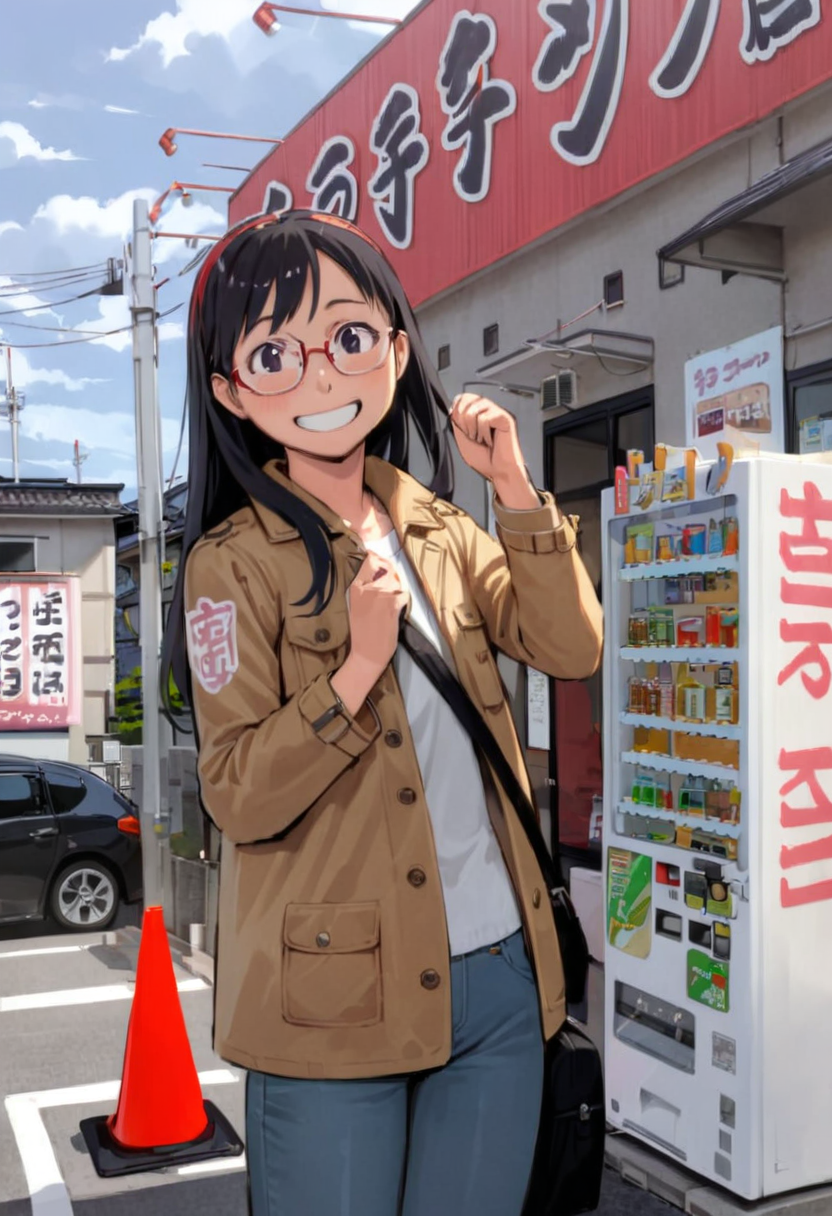 masterpiece, best quality, very aesthetic, absurdres,
1girl, solo, glasses, black hair, long hair, field jacket, jeans, black bag, smile, laughing, looking at viewer, solo focus,
miyakko, scenery, storefront, japan, outdoors, scenery, sky, cloud, power lines, utility pole, building, road, traffic cone, day, vending machine, sign, street, cloudy sky, shop
 <lora:miyakko_storefront_SDXL_V2:1> <lora:col_xl:0.6>