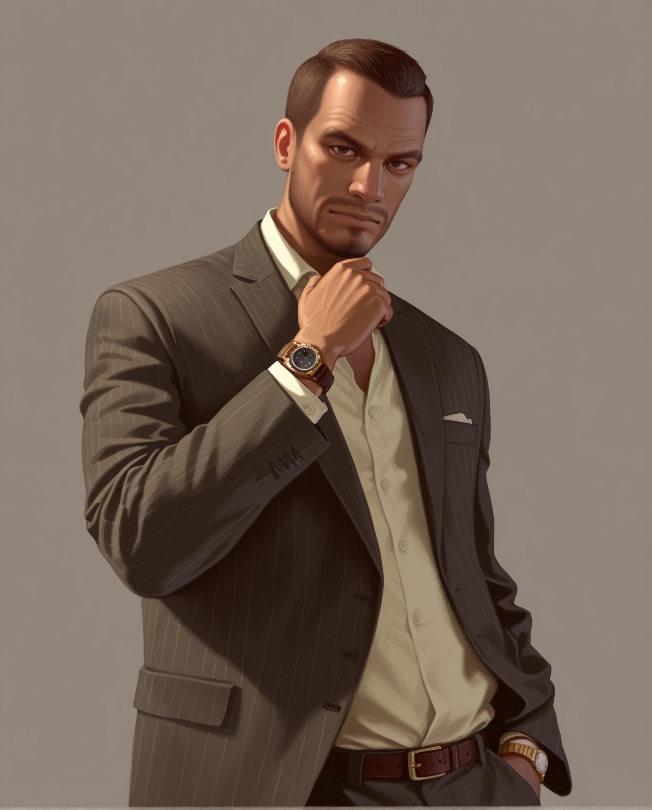 <lora:gta4artstyle_IL_v1>,gta4art,realistic,
1boy,male focus,solo,watch,formal,suit,facial hair,brown hair,wristwatch,dark-skinned male,
looking at viewer,
simple background,