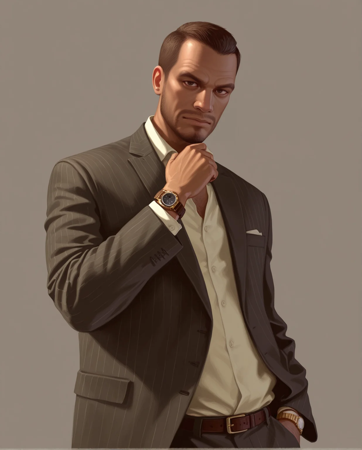 <lora:gta4artstyle_IL_v1>,gta4art,realistic,
1boy,male focus,solo,watch,formal,suit,facial hair,brown hair,wristwatch,dark-skinned male,
looking at viewer,
simple background,
