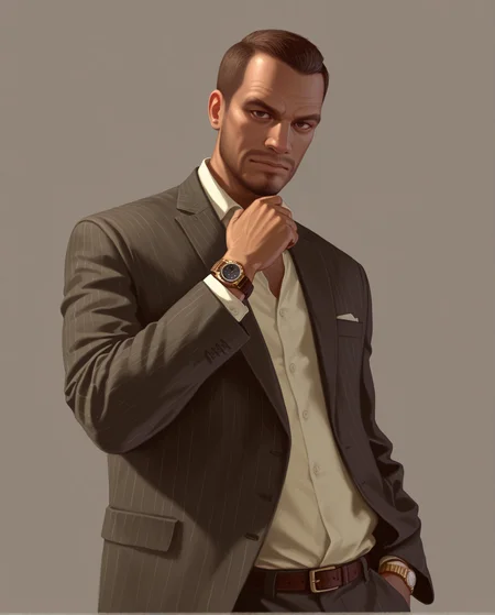 <lora:gta4artstyle_IL_v1>,gta4art,realistic,
1boy,male focus,solo,watch,formal,suit,facial hair,brown hair,wristwatch,dark-skinned male,
looking at viewer,
simple background,