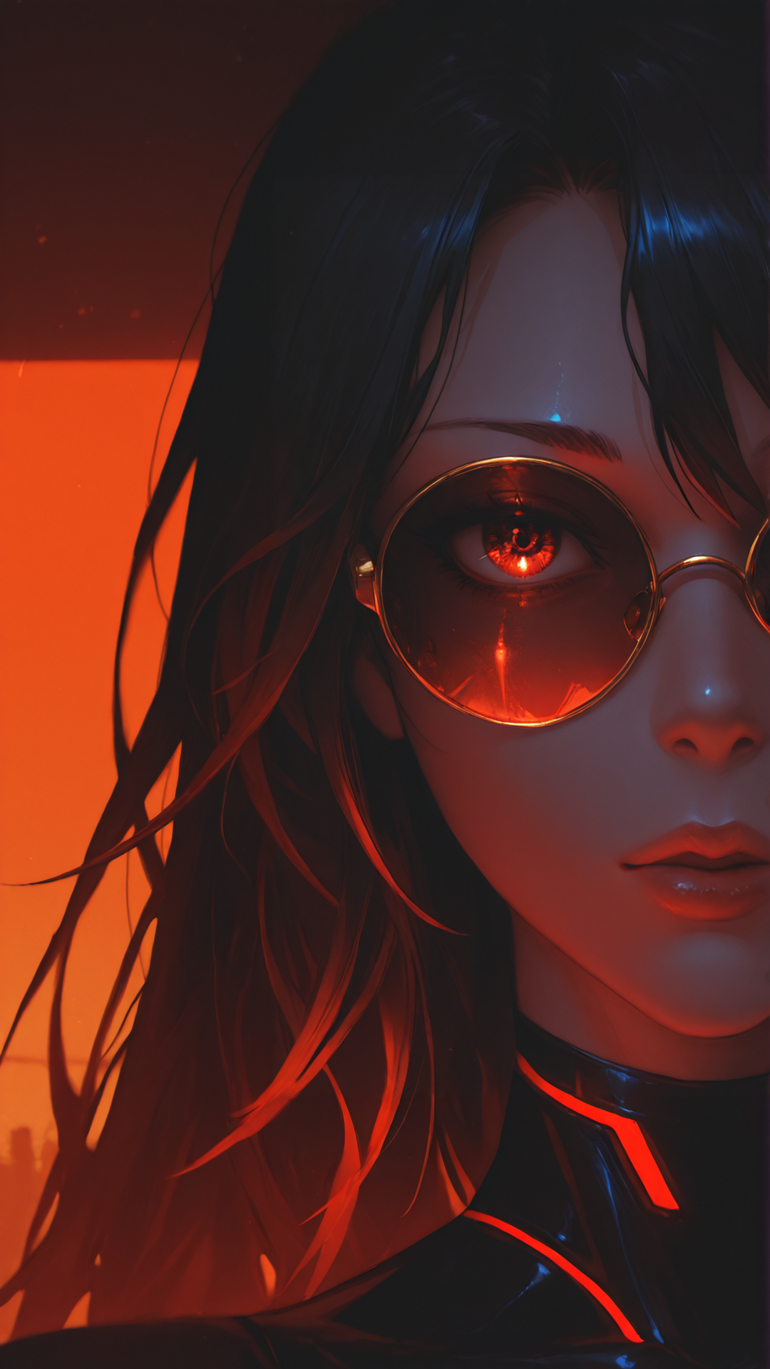 1girl, <lora:add-detail-xl:1>,
masterpiece,best quality,
Close-up portrait, mysterious woman with dark flowing hair, wearing round gold-rimmed sunglasses, intense golden-red sunset reflection in lenses, deep black and red color palette, high-contrast lighting, soft yet striking facial features, glossy lips with subtle highlights, futuristic cyberpunk aesthetic, moody and cinematic atmosphere, minimalist background with abstract neon-inspired glow, sleek and modern illustration style, bold and dramatic composition, facing viewer, front view, looking at viewer