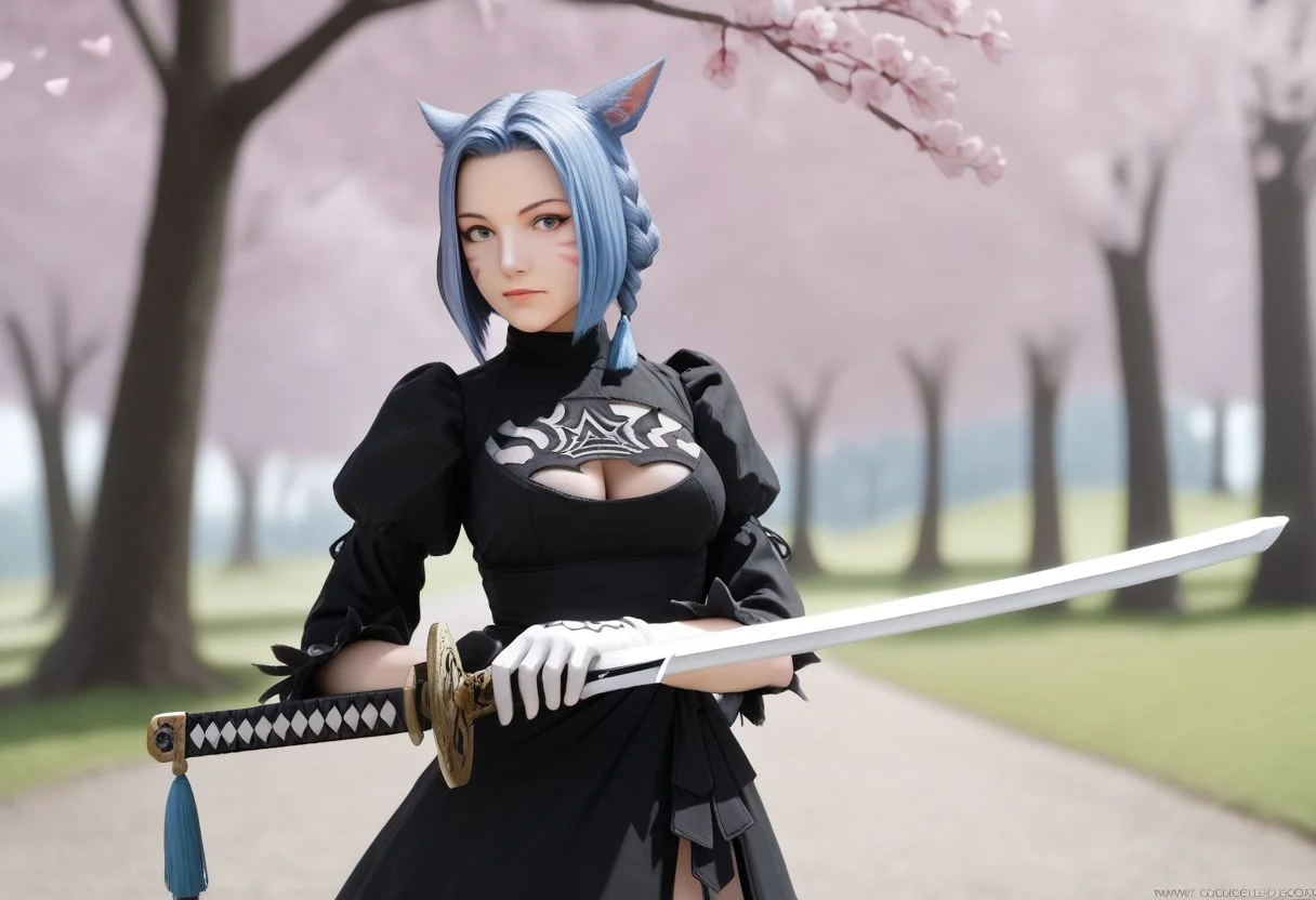 no2 type b dress, 1girl, cosplay, miqo'te, animal ears, weapon, solo, cherry blossoms, cat ears, dress, black dress, facial mark, blue eyes, blurry background, sword, blurry, blue hair, clothing cutout, cleavage cutout, outdoors, gloves, short hair, medium breasts, puffy sleeves, whisker markings, braid, holding, katana, cleavage, tree, holding weapon, BREAK PonyXLV6_Scores