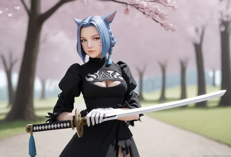 no2 type b dress, 1girl, cosplay, miqo'te, animal ears, weapon, solo, cherry blossoms, cat ears, dress, black dress, facial mark, blue eyes, blurry background, sword, blurry, blue hair, clothing cutout, cleavage cutout, outdoors, gloves, short hair, medium breasts, puffy sleeves, whisker markings, braid, holding, katana, cleavage, tree, holding weapon, BREAK PonyXLV6_Scores