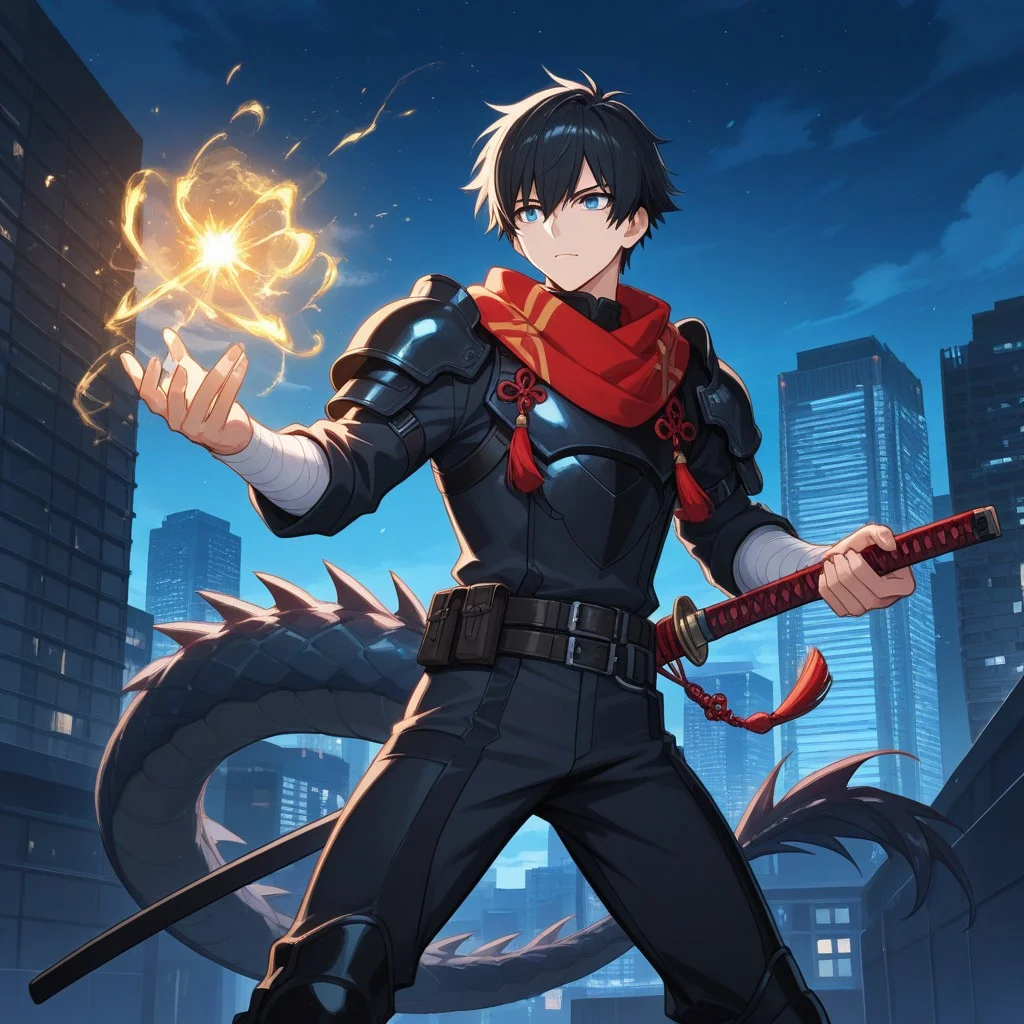 score_9, score_8_up, score_7_up, score_6_up, highly detailed, masterpiece, best quality, detailed, intricate details, amazing quality, best aesthetic, absurdres, source_anime, male focus, 1boy, red scarf, bodysuit, shoulder armor, armor, legs apart, fishnets belt, tassel, sheathed, katana, bandaged arm, black hair, blue eyes, male focus, yellow scarf, tattoo, short hair, magic, wind and lighting magic, dragon tail, feathery wings, skyscraper, neon light, starry, edge, tile, outdoor, cloud, masterpiece, best quality, ultra-detailed, illustration, an extremely delicate and beautiful, beautiful detailed eyes,unity 8k wallpaper, high resolution, anime CG, official_art,