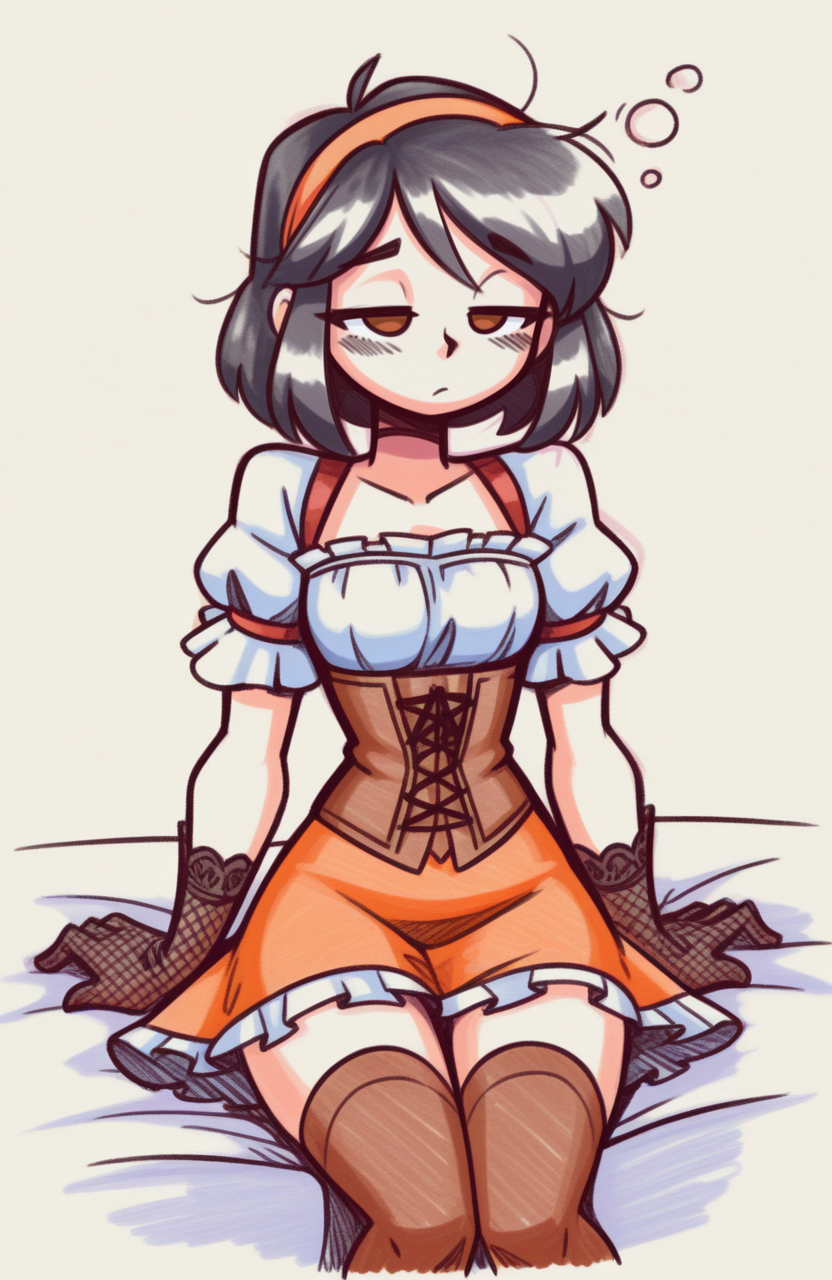 1girl, solo,
<lora:ffgarnet-illu-nvwls-v1_1:0.5> ffixgarnet, black hair, brown eyes, short hair, storybook outfit, corset bodice, frilly skirt, lace gloves, thighhighs, headband, sitting, slouched, heavy eyes, serene exhaustion, sleepy state,
<lora:shadowhawx95:1> shadhawx, traditional media, hatching \(texture\), sketch, extremely detailed, highres, masterpiece, best quality