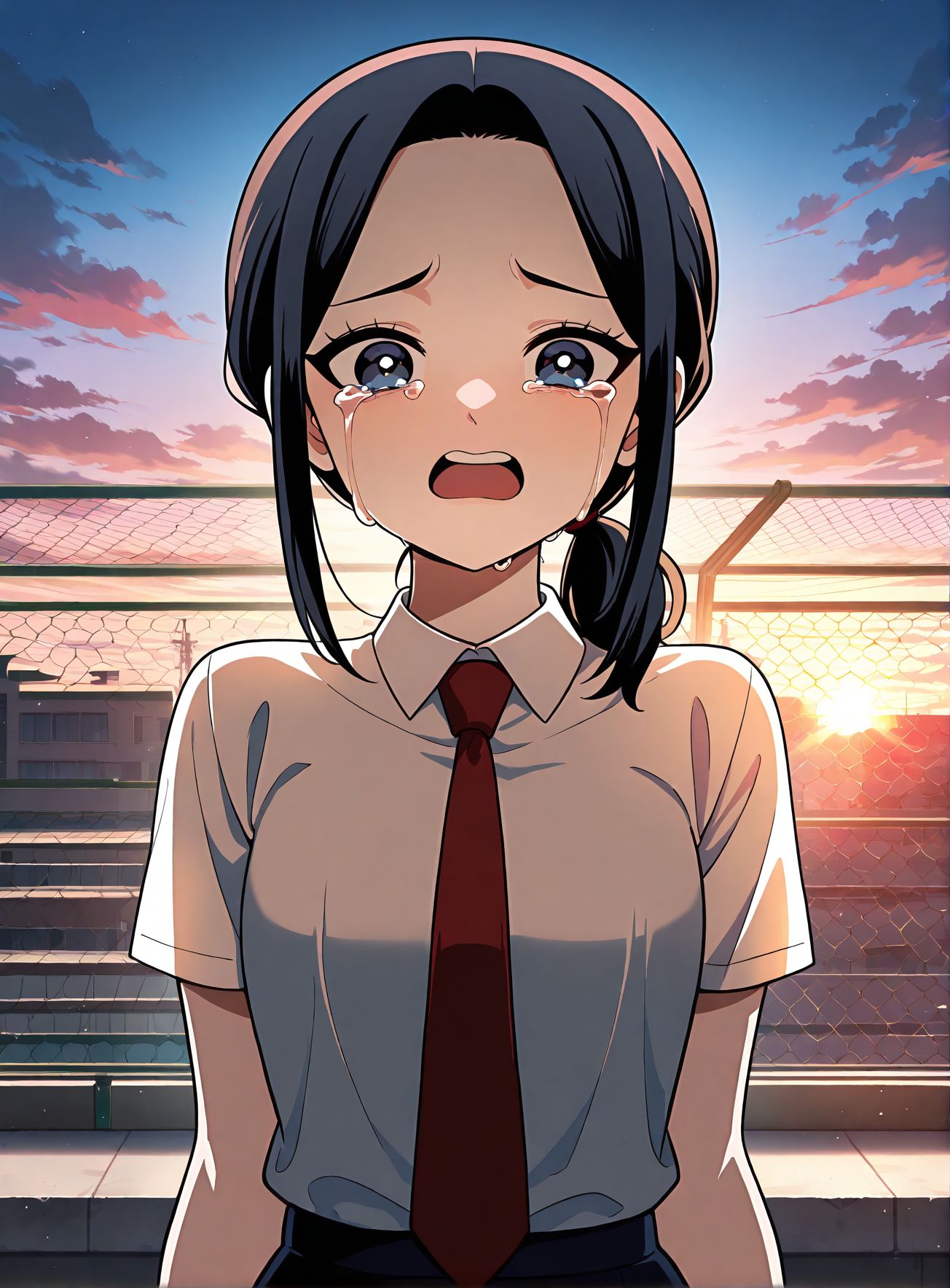 masterpiece,best quality,anime coloring,anime screenshot,
<lora:add-detail-xl:0.5>
<lora:Plaything:1>PlaythingV1,
1girl,necktie, dark blue eyes, upper teeth only, 
solo,skirt,shirt,crying, forehead, outdoors, sidelocks, 
white shirt,red necktie,parted bangs, side ponytail, 
black hair,looking at viewer,sky, twilight,long bangs,
p_daughter,rooftop, upper body, low ponytail,