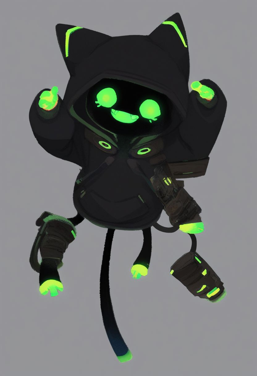 score_9, score_8_up, score_7_up, score_6_up, score_5_up, score_4_up, 1entity, slender, oversized hoodie, hood up, glowing eyes, neon stripes hoodie, nothing under the hood, shadow under the hood, flat chest, pure black skin, thin legs, boots, fleeing pose, holster, action shot, dynamic, cyberpunk, teeth, sarcastic grin, Shadowed Face, pikaole, cute