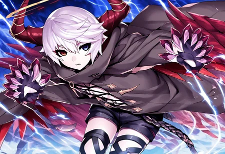 Score_9, Score_8_up, Score_7_up, Score_6_up, Score_5_up, Source_anime, rating_safe, 1boy, Vandelieu, emotionless face, white hair, heterochromia, red and blue eyes, black shirt, black shorts, black trenchcoat, walking, looking at viewer, {{{claw, sharp nails, very long fingernails:2}}}, claw pose, seraph wings, 6 wings, red crown halo, demon horns, ram horns, dark kingdom, dutch angle
