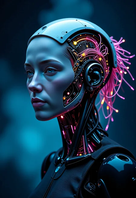 A sleek, a humanoid robot head with a glowing multicolored neon circuitry grid visible beneath its translucent, pale skin, stands serenely within a minimalist, high-tech space. Its delicate facial features, high cheekbones, and subtle, enigmatic smile are set amidst a wild tangle of fiber-optic 'hair' strands that shimmer and glow in harmony with the circuitry. A soft, ethereal glow from the background's blurred, gradient blend of dark blues and purples casts an otherworldly light, causing the neon colors to shimmer with increased vibrancy and imbuing the scene with a sense of enchanting futurism, as if this robot is a masterpiece of modern technology. , <lora:Magic of Art 2 (FLUX)>, Cinematic style, Beauty, Realism, Photorealism, Chiaroscuro, High quality, <lora:flux/mjv6_lora flux.safetensors_converted>, <lora:flux/aeshteticv2>, aesthetic_pose, dynamic_pose, <lora:flux/Sinfully_Stylish_.02_for_FLUX-000002>,