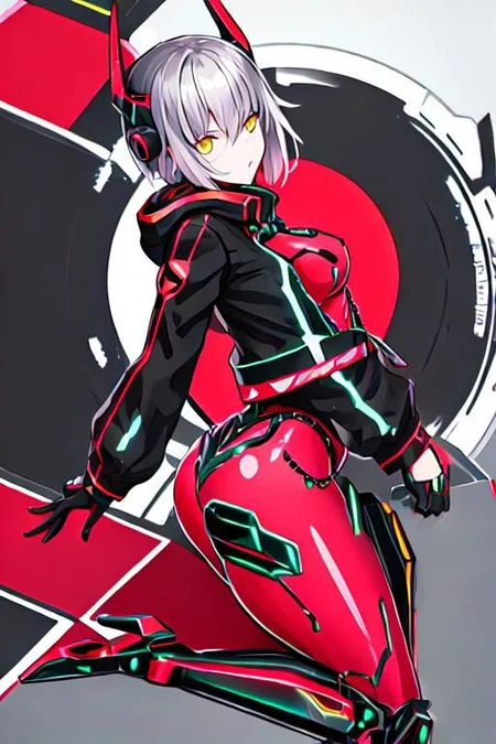 ZentreyaCyborg, yellow eyes, ZentreyaCyborgBase, yellow eyes, short hair, mechanical horns, red bodysuit, black jacket, mechanical legs