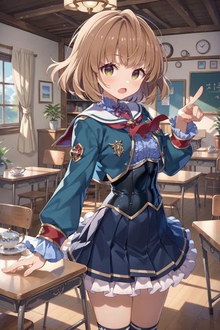 score_max, (score_9, score_8_up, score_7_up:1.2), score_6_up, official art, source_anime,
masterpiece, absurdres, high detail, 8k,
indoors, guest room, table, tea set, cowboy shot,
standing, outstretched arm, pointing at viewer, open mouth, blush,
cicho, short hair, school uniform, green jacket, cropped jacket, red neckerchief, sleeves past wrists, blue shirt, black corset, long sleeves, frills, plated skirt, black skirt, black socks,
<lora:XL_Pony_gomaotsu-cicho-t1:1.0>
