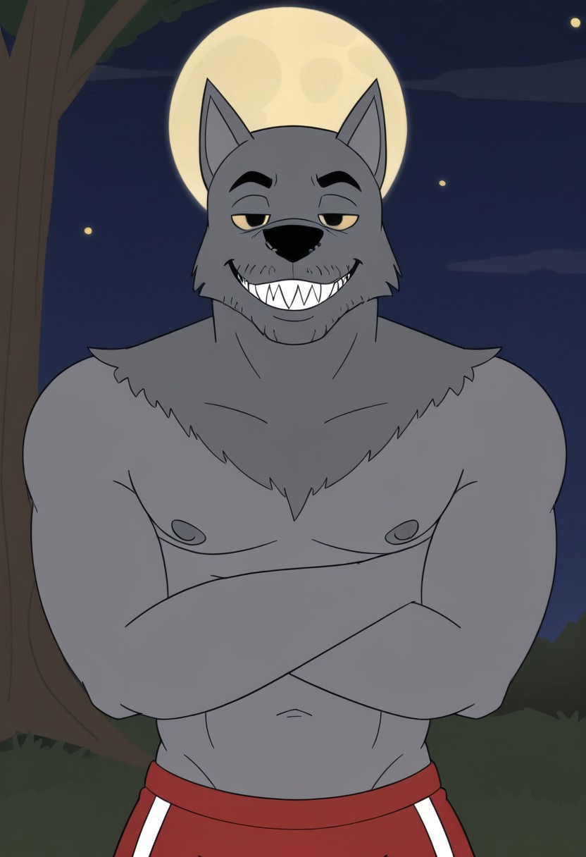 score_9, score_8_up, score_7_up, masterpiece, high quality, detailed, flat colors, solo, male, werewahlfberg, anthro, athletic, grey fur, dark grey top fur, nipples, pointed ears, black nose, yellow sclera, black eyes, eyebrows, sharp teeth, red jogging pants, half body shot, looking at viewer, chill, smiling, crossed arms, half-lidded eyes, leaning behind a tree, outdoors, night, full moon, stars, grassy plains, woods.