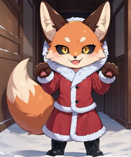 score_9, score_8_up, score_7_up, score_6_up, score_5_up, score_4_up, source_anime, furry, fox, detailed background, in snowy town, lighting, (full view:1.1), (chibi:1.1)
BREAK 1 girl, solo, orange fur, cowboy shot, black sclera, orange eyes, smile, view from up, looking at viewer, smug, (paw pose:1.1), cute face, cute expression, (cute fangs:1.1), fox tail,
BREAK red jacket, fur trim,fur-trimmed jacket, black pantyhose, boots,
<lora:Alice_SDXL-000009:1>